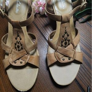 Clarks T-Strap Light Brown Embellished Cork Wedge Upper Heels  Sandals